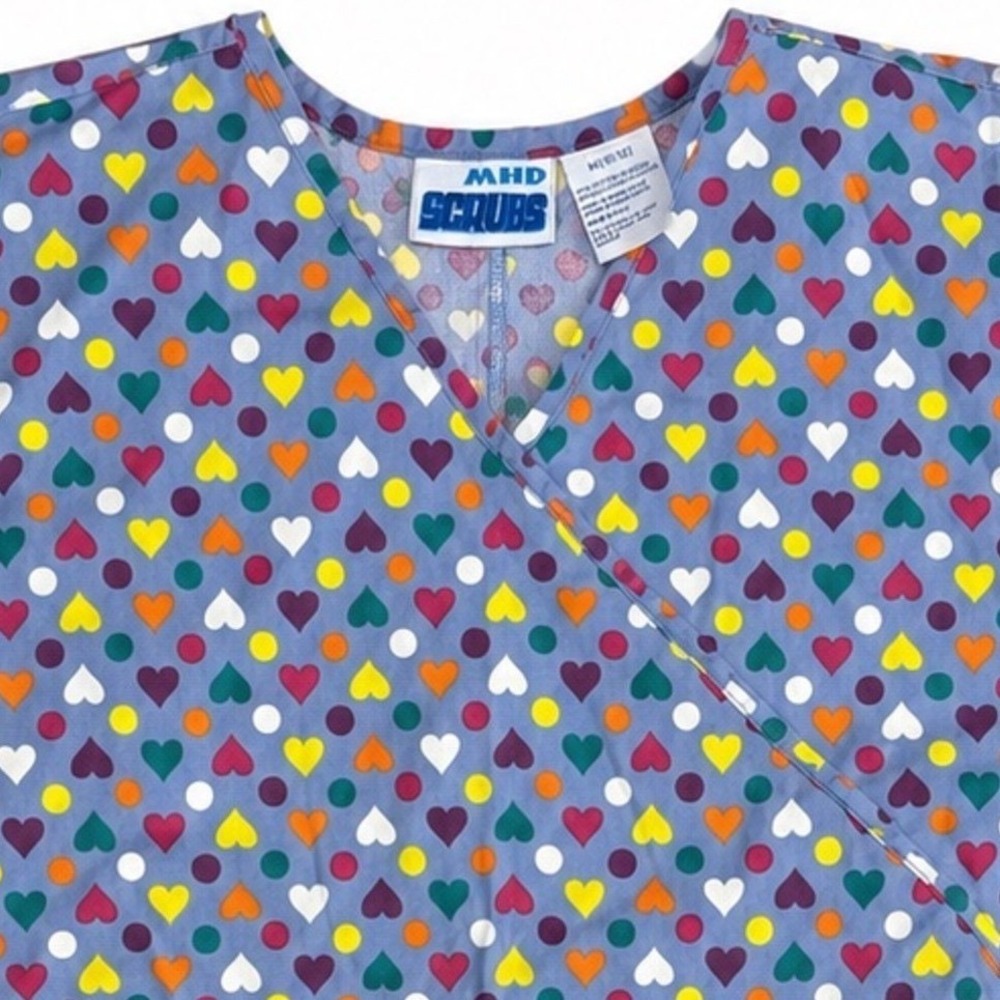 MHD Scrubs Colorful Heart Print Scrub Top M 10/12 Blue V-Neck Medical Nurse CNA